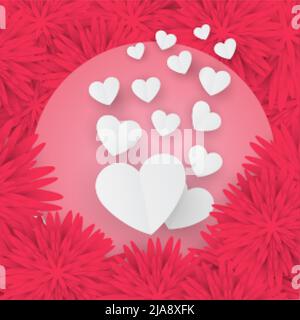 Valentine card with white heart on a pink floral background Stock Vector