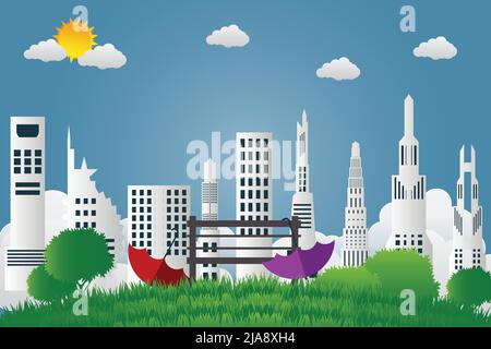 beautiful Two umbrellas and chair are in the green garden on city background and bright sky,Vector illustration Stock Vector