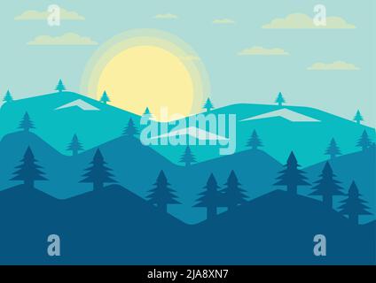 Abstract Landscape pine mountain view evening sun background,Vector llustration Stock Vector