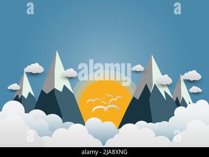 Birds fly to the sun and beautiful mountains with beautiful clouds.paper art,Vector illustration Stock Vector