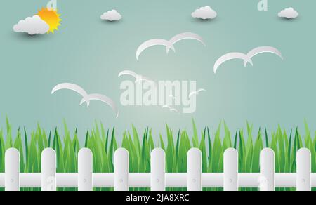 Grass fence with birds flying into the sky.paper art,Vector illustration Stock Vector