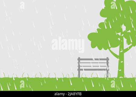 Chair and tree in the rain on green background,Vector illustration Stock Vector