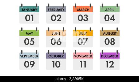 Yearly calendar icons set. All twelve months with names and serial numbers. Template for creating an icon for any day of the year. Flat vector illustr Stock Vector