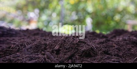 Soil texture blur background. Dark brown fertile dry dirt, Earth, fresh organic natural ground close up. Agriculture concept, farm and garden work tem Stock Photo