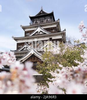 Hiroshima Castle and cherry blossom, Hiroshima City, Western Honshu, Japan Stock Photo