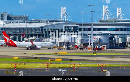 Aircraft movements at Sydney (Kingsford Smith) Airport on Botany Bay in Sydney, Australia. Pictured: Qantas jet at the Domestic Terminal. Stock Photo
