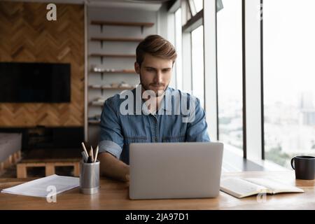 Serious distance employee working from home, using laptop Stock Photo