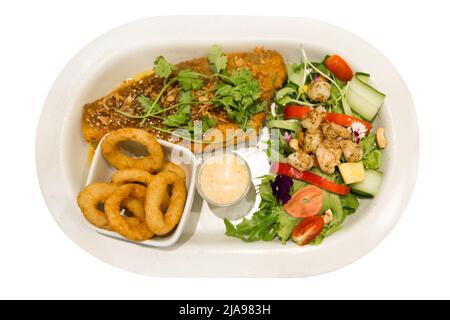 Die cut of Fried sea bass with spicy herb crispy fish on white isolated. Stock Photo