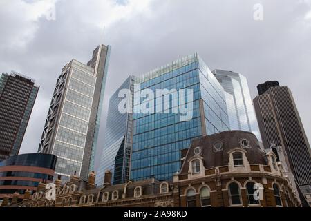 London, Great Britain-April 1,2022: Modern architecture next to the Liverpool Street station, also known as London Liverpool Street,is a central Londo Stock Photo