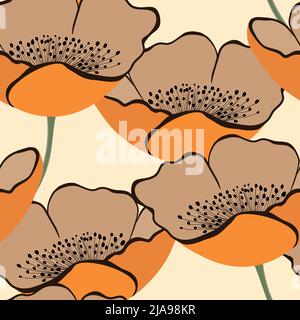 Seamless floral pattern with orange tulips. Cartoon style. Design for fabric, textile, paper. Spring colorful vector illustration, fowers with leaves Stock Vector