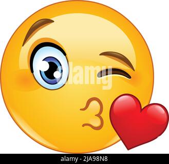 Winking Emoji emoticon face blowing a kiss with red heart Stock Vector