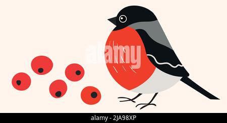 Color flat vector illustration with cartoon Eurasian bullfinch bird. Funny colorful birds, flowers, leaves and berries. Cute characters. Card Stock Vector