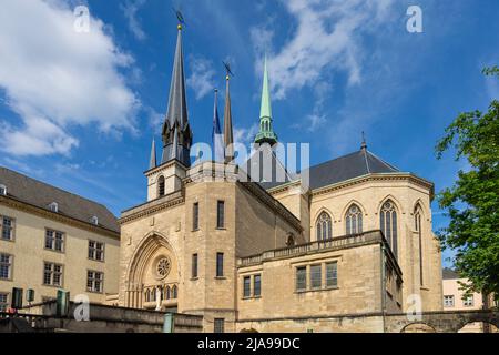 Luxembourg city, May 2022.  Detail exterior view of Notre-Dame Cathedral in the city center Stock Photo