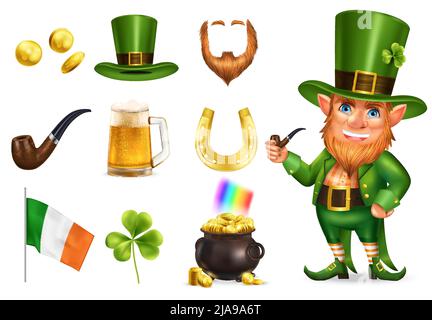 Saint patrick day realistic set of leprechaun in green hat pot with treasures shamrock horseshoe irish flag icons isolated vector illustration Stock Vector