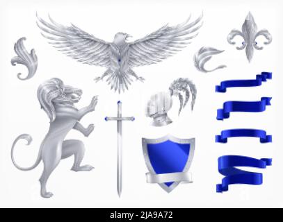 Heraldic animals decorative silver set realistic isolated vector illustration Stock Vector