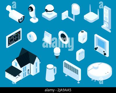 Smart home security system heating cleaning kitchen appliances lighting doorbell master panel isometric set isolated vector illustration Stock Vector