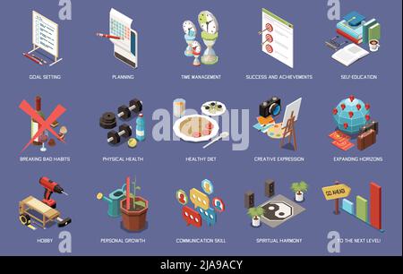 Personal growth self development isometric set of isolated icons with text captions and images of activities vector illustration Stock Vector