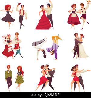 International dance day set of dancing couples performing different dance styles isolated vector illustration Stock Vector
