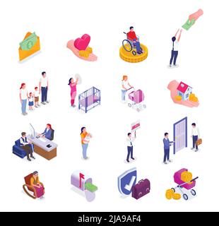 Social security unemployment family benefits isometric set of isolated money and shield icons with human characters vector illustration Stock Vector