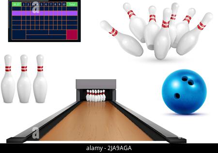 Set of realistic bowling icons with images of pins ball and leaderboard score table with lane vector illustration Stock Vector