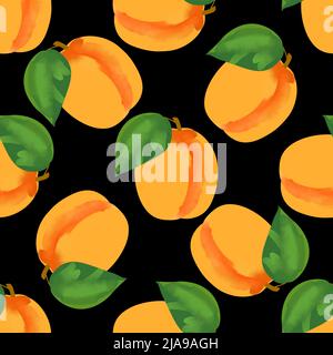 Seamless pattern with apricot illustration on black background Stock Vector