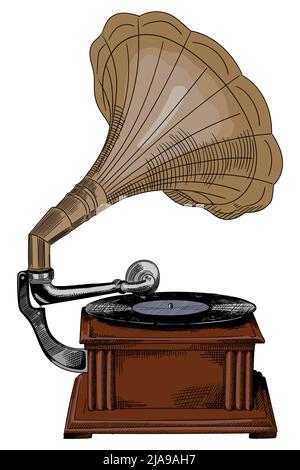 Antique vintage wooden gramophone with record and speaker. Stock Vector