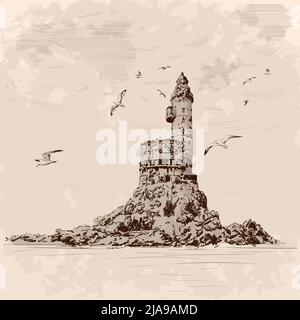 Lighthouse on the rocky seashore. Seagulls fly over the cliff. Hand drawing on a beige background. Stock Vector