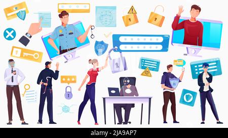 Personal information flat icons of people locks shields keys biometric data isolated on white background vector illustration Stock Vector