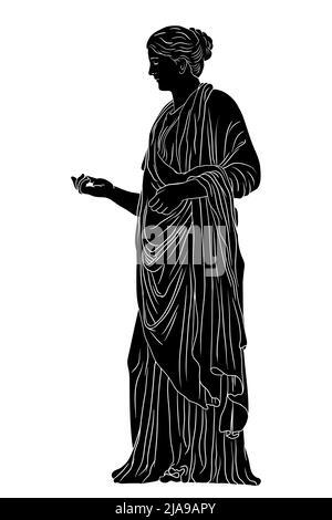 An ancient Greek young woman in a tunic and cape stands looks away and gestures. Black silhouette isolated on white background. Stock Vector