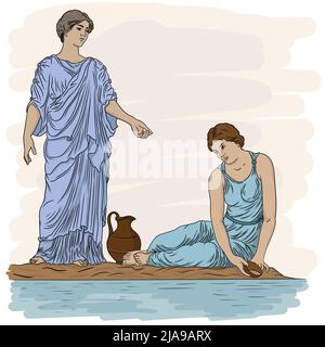 Two ancient Greek Woman sits on a chairs and drinks wine from a jug. Figure isolated on white background. Stock Vector