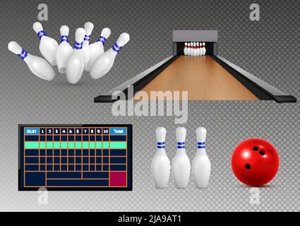 Bowling realistic set of isolated icons on transparent background with rating table pins and rolling ball vector illustration Stock Vector