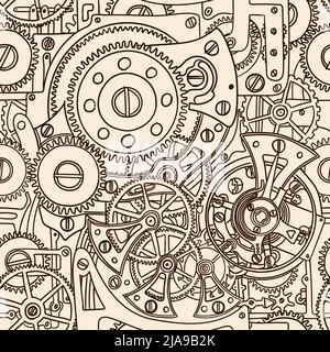 Seamless pattern hand-drawing clockwork isolated on beige background. Stock Vector