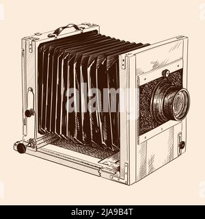 Antique formatted wooden camera with fur and lens isolated on beige background. Stock Vector