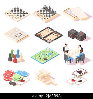 People playing board games isometric background with set of images with ...