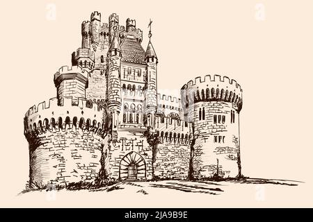 Medieval stone castle with towers on the plain. Stock Vector