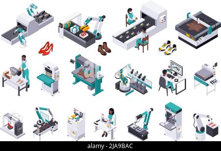 Footwear shoes production isometric composition with isolated icons of plant facilities with workers and ready products vector illustration Stock Vector