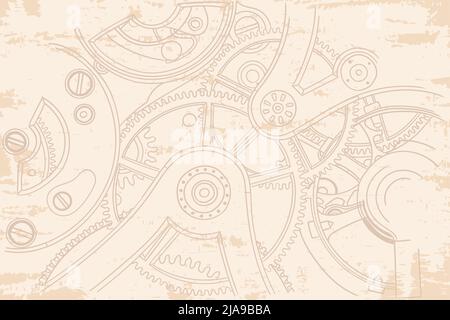 Vintage old beige background with gears from the clockwork. Stock Vector