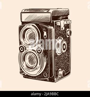 Old vintage camera with two lenses isolated on a beige background. Stock Vector