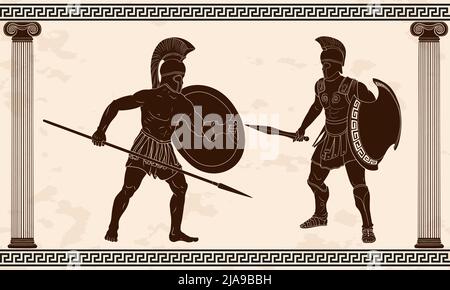 Two ancient Greek warriors with weapons in their hands are fighting. Stock Vector