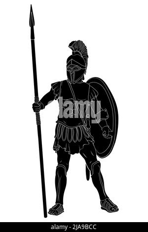 Ancient Greek warrior in armor and a helmet with a spear and shield and ...