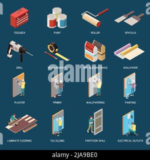 DIY isometric icons set with tools for renovation and characters doing repairs isolated vector illustration Stock Vector