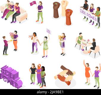 International womens day isometric set of recolor icons and isolated female characters with placards and flags vector illustration Stock Vector