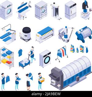 Laundry washing set of isometric icons with isolated human characters washing machines detergents and skirt boards vector illustration Stock Vector