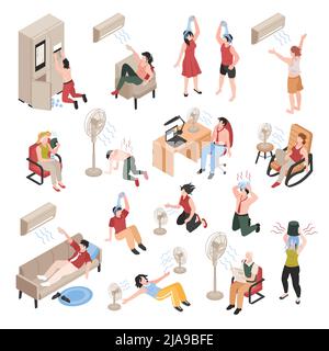 People using air conditioner fan pouring cold water on themselves in hot weather at home and in office isometric icons set isolated vector illustratio Stock Vector