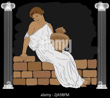 A young ancient Greek woman sits on a stone parapet and holds a jug of wine in her hand. Stock Vector