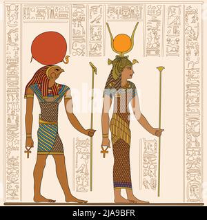 Ancient Egyptian papyrus depicting two figures with scepter in their hands. Hieroglyphs signs and symbols on the wall. Stock Vector