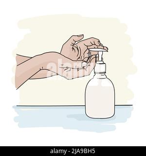 Female hands collect liquid soap from the dispenser. Stock Vector