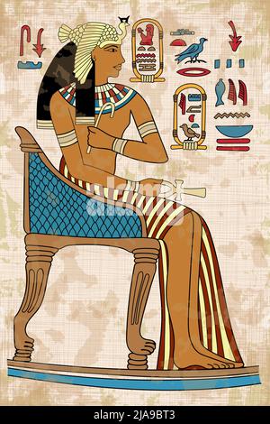 Ancient Egyptian papyrus depicting a young woman sitting on a throne and holding a scepter in her hands. Hieroglyphs signs and symbols on the wall. Stock Vector