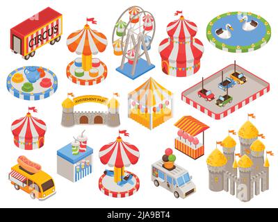 Isometric set of colorful icons with circus tent castle carousel food truck cars ferris wheel in amusement park isolated vector illustration Stock Vector