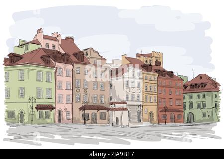 An old European city with colorful multi-story buildings. Many windows overlooking the street. Stock Vector